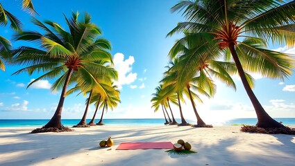 Tropical beach scene with palm trees, yoga mat, coconuts, and a clear blue sky on a sunny day coconut