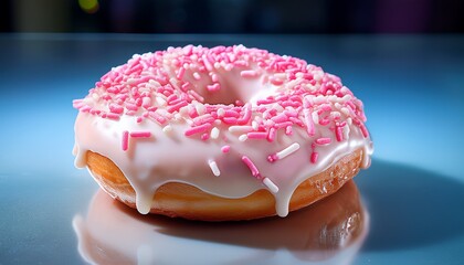 glazed donut features a shiny white icing topped with vibrant pink sprinkles placed on a smooth surface illuminated with bright lighting that enhances its colorful appeal