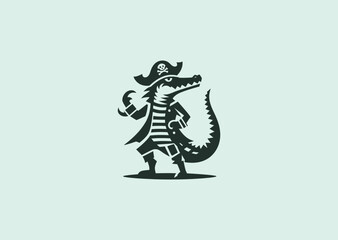 A simple minimalist crocodile in pirate outfit silhouette style, representing adventure, boldness, and rebellious charm