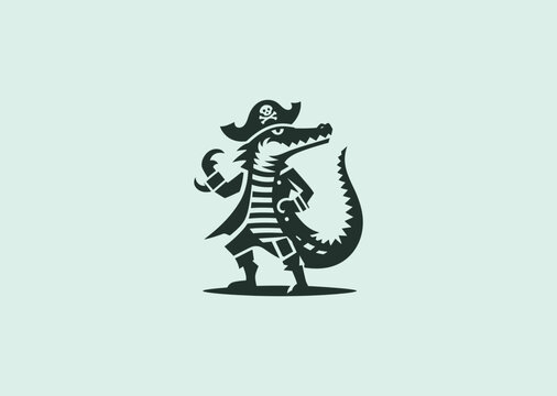 A simple minimalist crocodile in pirate outfit silhouette style, representing adventure, boldness, and rebellious charm