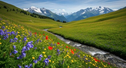 A photorealistic image of an alpine meadow with wildflowers, with snow peaks in the distance and bright daylight, creating a fresh and scenic natural vibe.