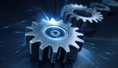 Close-up of metallic gears, digitally enhanced with blue light trails, suggesting technology and precision