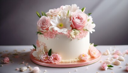 Fototapeta premium a beautiful cake adorned with delicate pink and white flowers perfect for a special celebration