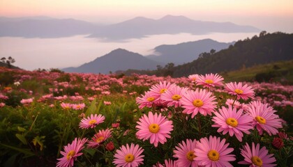 Obraz premium Pink Daisies in Field with Distant Mountains