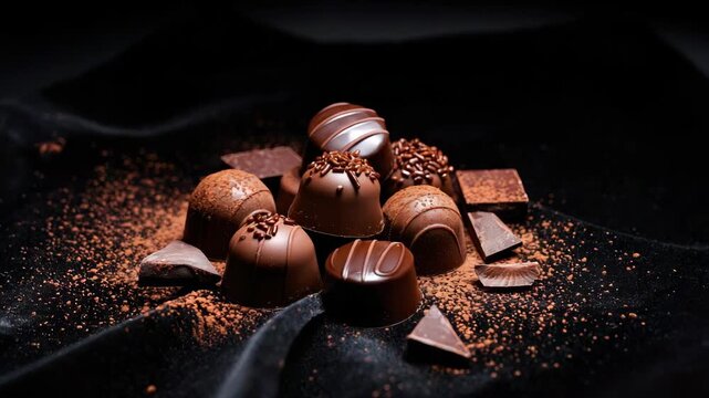 Assorted chocolate truffles with cocoa powder on black fabric
