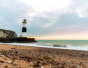 Lighthouse at sunrise over the beach