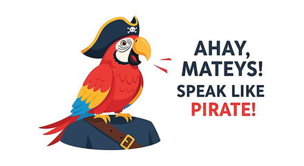 A cartoon parrot wearing a pirate hat sits on a rock, with the text 'AHAY, MATEYS! SPEAK LIKE PIRATE!' next to it, on a white background.
