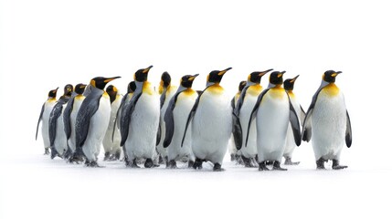 Obraz premium Penguins in a line against white background