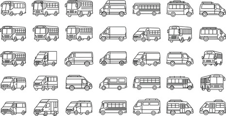 Set of bus and van line drawings, public transportation and utility vehicle icons, vector illustration, side view designs, passenger and delivery vehicle collection