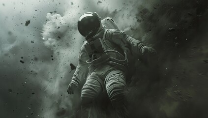 Fototapeta premium Astronaut adrift in space debris storm; dark, cinematic background; poster, game art