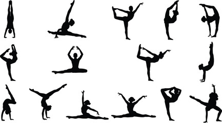 Set of gymnastics and dance pose silhouettes, athletic movement and flexibility icons, vector illustration, acrobatic and ballet positions, fitness and performance collection