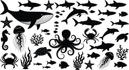 Marine animals silhouette set, ocean life vector icons, whale, shark, dolphin, sea turtle, jellyfish, coral illustration, black isolated shapes, underwater wildlife