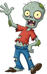 Cartoon zombie character, funny undead monster, Halloween vector illustration, green skin, tattered clothes, spooky yet cute design, playful pose, scary but humorous style