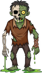 Cartoon zombie character, grotesque undead monster, Halloween vector illustration, green decaying skin, exposed bones, dripping slime, tattered clothes, scary yet detailed horror design