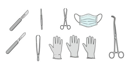 Medical Instruments and Protective Gear - Scalpels, Forceps, Scissors, Gloves, and Mask.