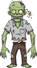Cartoon zombie character, creepy undead monster, Halloween vector illustration, green skin, exposed bones, hanging eye, tattered clothes, scary yet detailed horror design