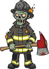 Cartoon zombie firefighter character, undead emergency worker in damaged uniform, horror Halloween design, blood‑stained axe, spooky vector illustration, scary rescue hero stock image
