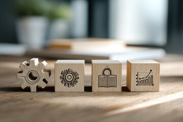 Four light-brown wooden blocks, each imprinted with a business icon gear, strategy, person-with-books, and graph