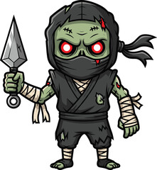 Cartoon zombie ninja, undead warrior character, Halloween vector illustration, green skin, black hood, red glowing eyes, creepy yet cool design, stealth horror style