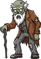 Fototapeta premium Cartoon zombie with cane, undead old man character, horror Halloween design, tattered trench coat and beard, spooky vector illustration, creepy fantasy stock image
