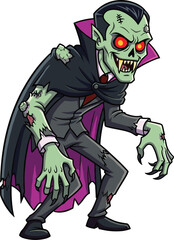 Cartoon zombie vampire character, undead monster in tattered suit, horror Halloween creature, glowing red eyes and fangs, spooky vector illustration, fantasy stock image