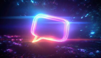 Neon speech bubble graphic in vibrant colors, surrounded by digital effects