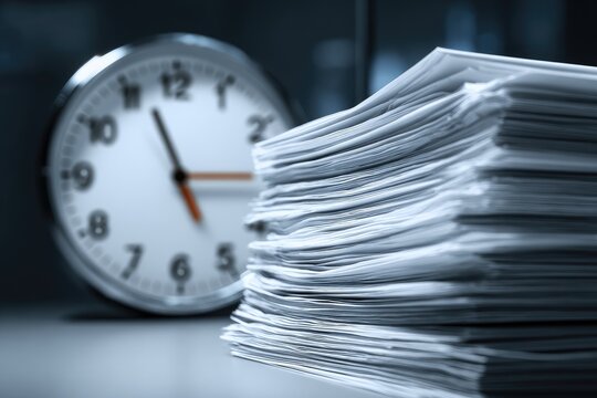 Stack of papers beside a clock