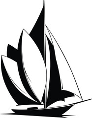 Sailboat silhouette vector with dynamic sails and sleek hull design in black and white style for nautical themes and marine art