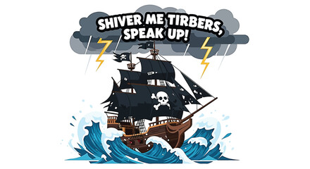 A cartoon pirate ship sailing through stormy blue waves under a dark cloud with lightning and the text 'SHIVER ME TIMBERS, SPEAK UP!'.