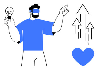 Person with lightbulb and raised hand pointing to upward arrows over a heart, suggesting ideas, growth, or inspiration. Ideal for innovation, leadership, progress, creativity, success growth