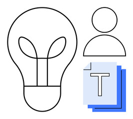 Lightbulb for innovation, user profile for identity, and stacked documents for information sharing. Ideal for creativity, brainstorming, collaboration, teamwork, identity, productivity simple