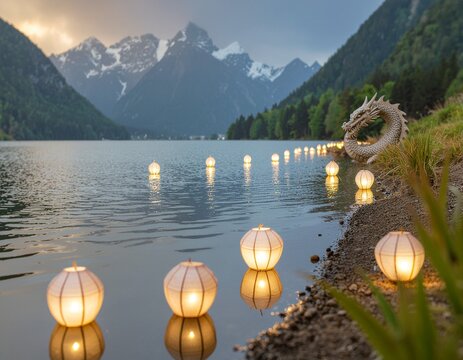 A serene and magical night scene, where mystical creatures meet sparkling lights.