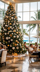 Decorated Christmas tree prominently displayed in a spacious Caribbean resort lobby, with blurred guests enjoying the relaxing atmosphere behind