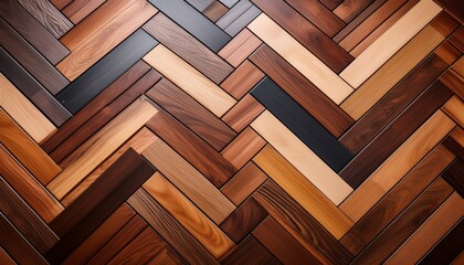 a variety of wooden flooring samples arranged in a herringbone pattern showcasing different wood textures and shades ranging from light to dark tones