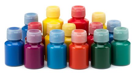 A Vibrant Collection of Assorted Colors: An Array of Paint Bottles on a White Background, Perfect for Artistic Projects and