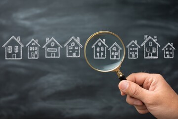 Hand holding magnifying glass over house drawings on chalkboard