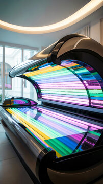 Trendy beauty studio with a high-tech collarium, minimal design and glowing light reflect new trends in skincare, concept of beauty