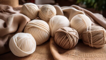 Fototapeta premium a cozy arrangement of beige and white yarn balls on a burlap blanket creating a warm and inviting atmosphere