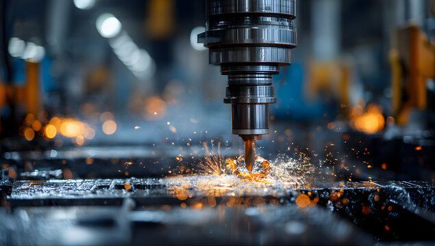Metal drill cutting through a steel plate in a factory, creating sparks and shavings in a closeup shot, highlighting precision and industrial strength.