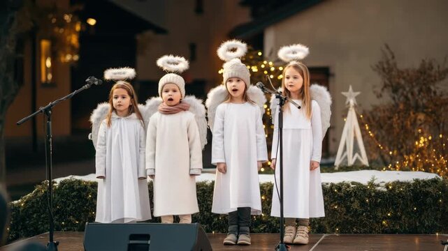 Four young girls dressed as angels sing on outdoor stage with festive lights and decorations