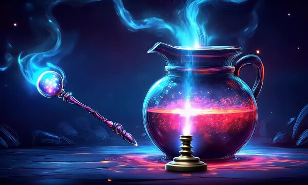 Mystical potion brewing in a dark, enchanted setting