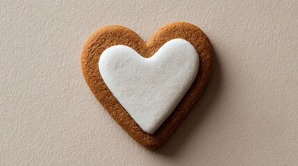 Obraz premium close-up of single heart-shaped gingerbread cookie with simple white icing outline on light beige background, minimalist rustic bakery with blank space