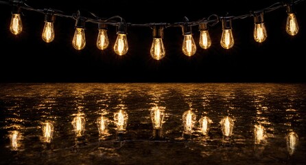 Warm Edison-style string lights reflected on a dark surface