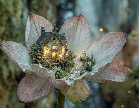 A fantastical miniature world blending nature, light, and delicate architecture.