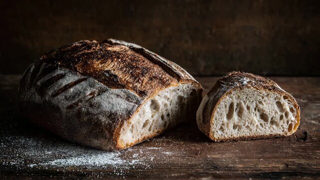 Artisan bread loaf showcases a crusty exterior and soft interior, with a slice cut to reveal the airy texture and rustic charm