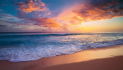 tranquil beach at sunset with soft waves and colorful clouds serene atmosphere