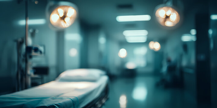 Modern hospital corridor with a bed and surgical lights, creating a sterile and clinical environment