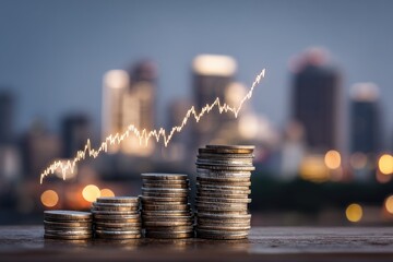 Stacks of coins forming a rising graph against a cityscape