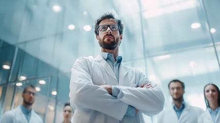 Portrait of a confident research scientist leading his expert team, looking towards the future of medical innovation in a modern laboratory