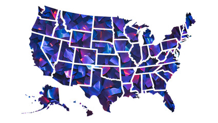 Abstract USA Map:  Vibrant Purple and Blue State Collage, Modern Artistic Style